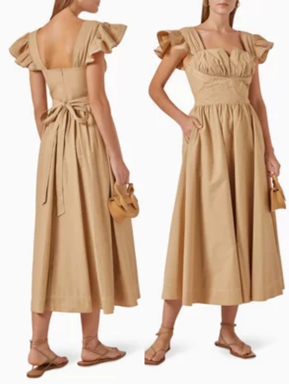 Gizia Neutral Frill Sleeve Maxi Dress Sz 42 (US 10) Cotton Milkmaid Cottagecore